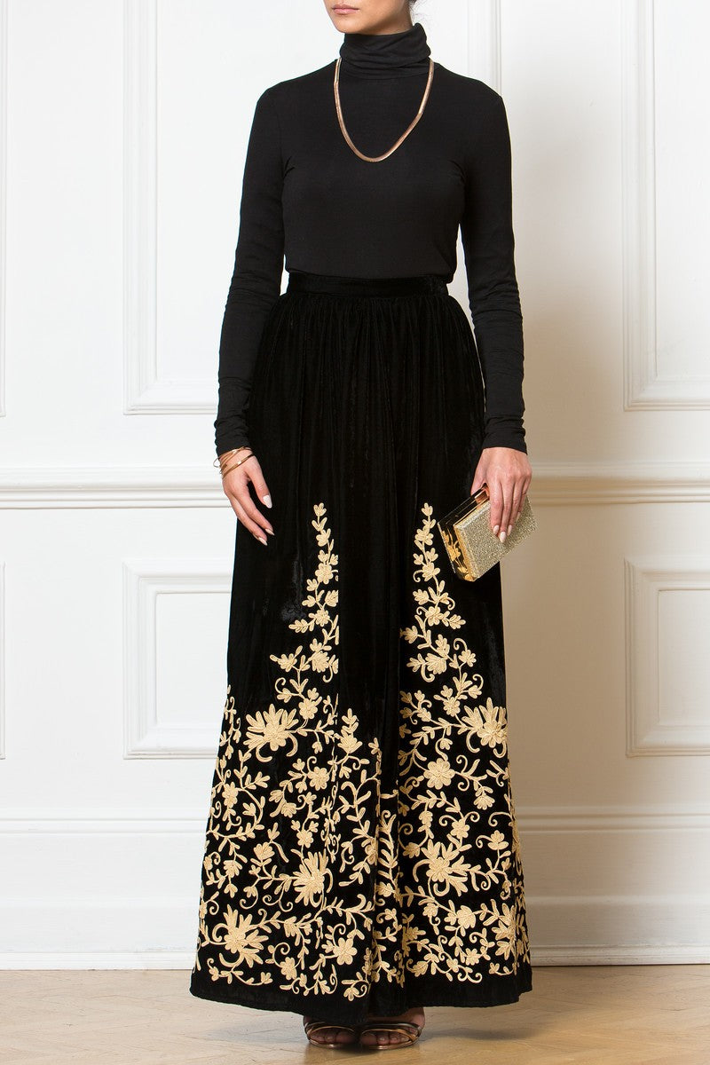 Black Embroidered Velvet Skirt