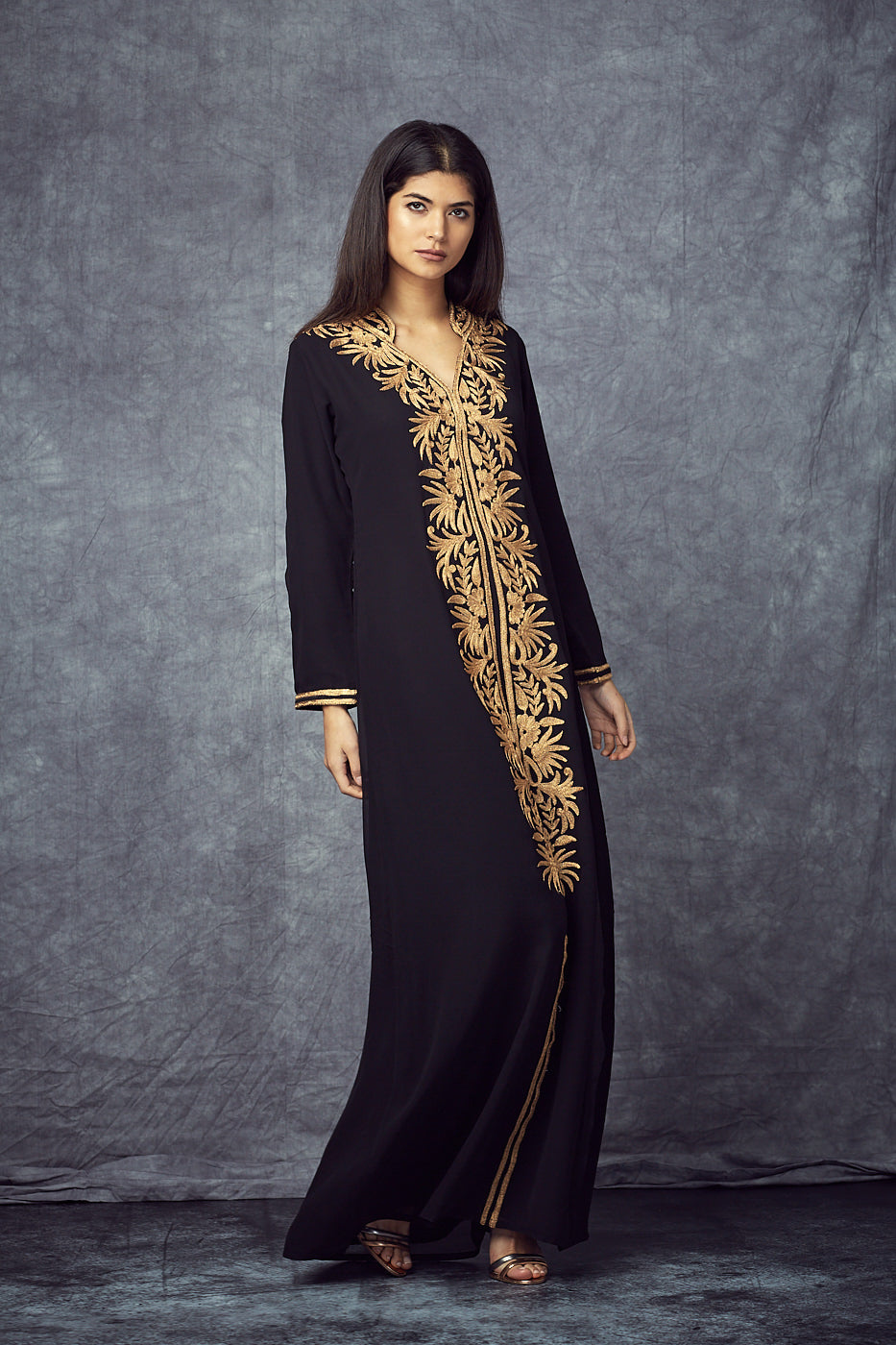 Gold Embroidered Black Gown 
