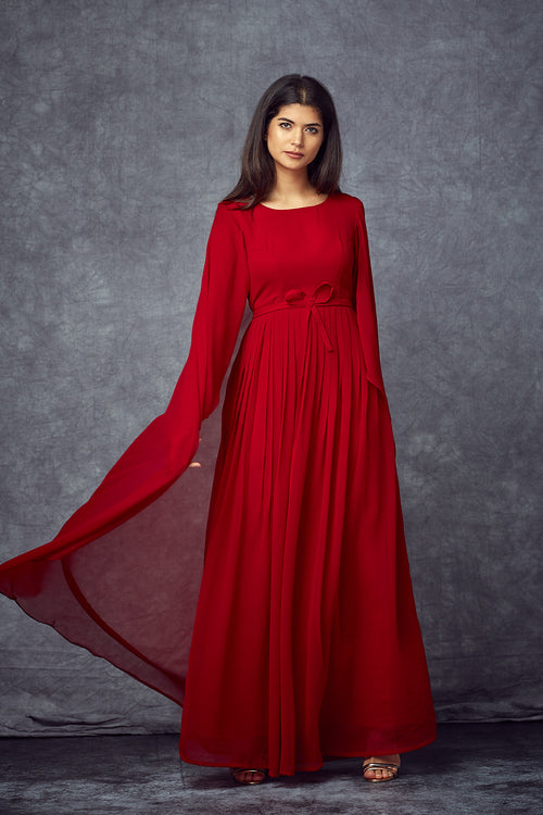 Red Draped-Cape Gown