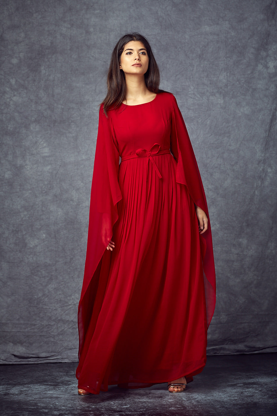 Red Draped-Cape Gown