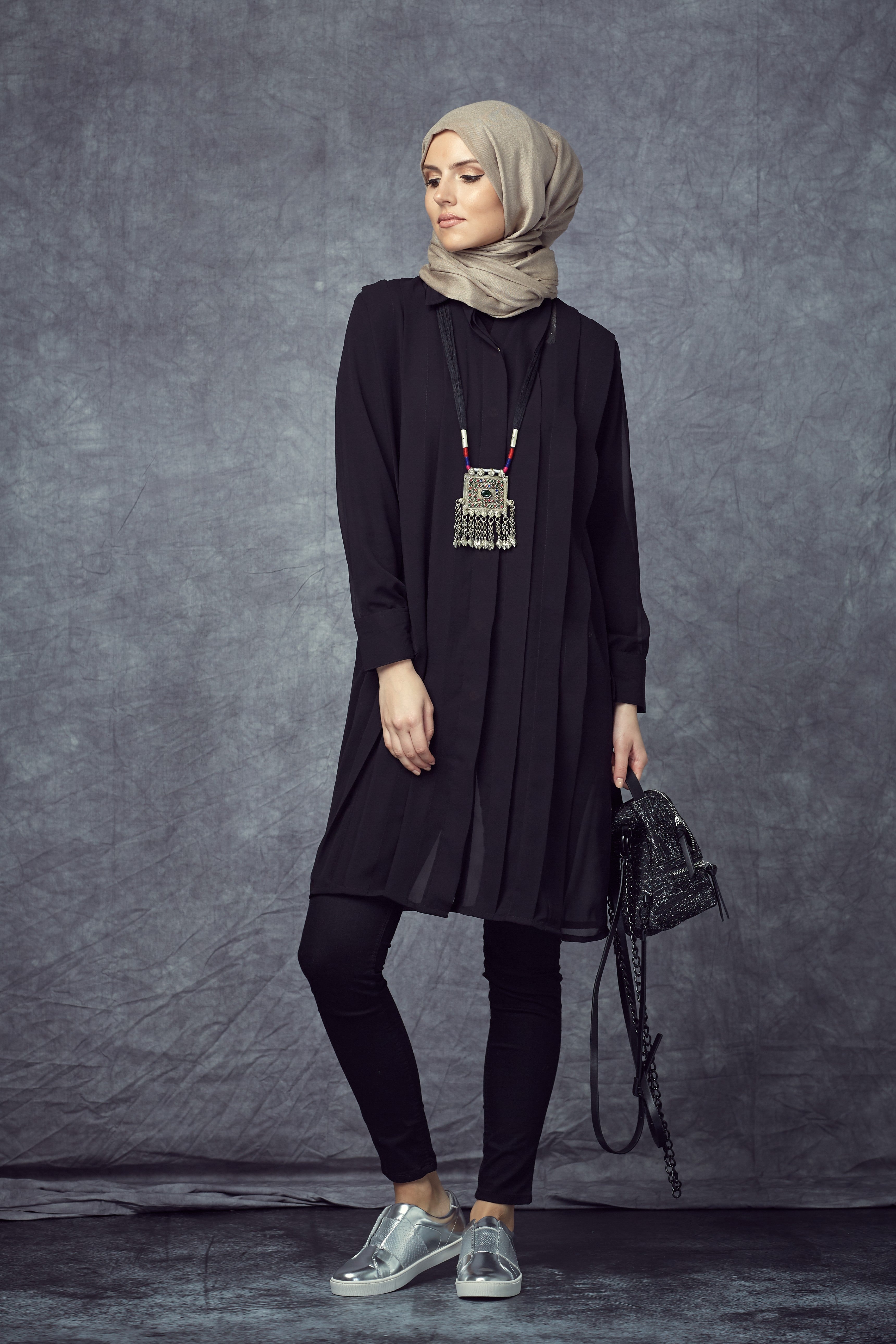 Pleated-Front Long Black Shirt