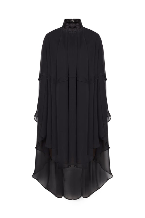 Velvet-Trimmed Black Cape