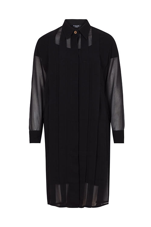 Pleated-Front Long Black Shirt