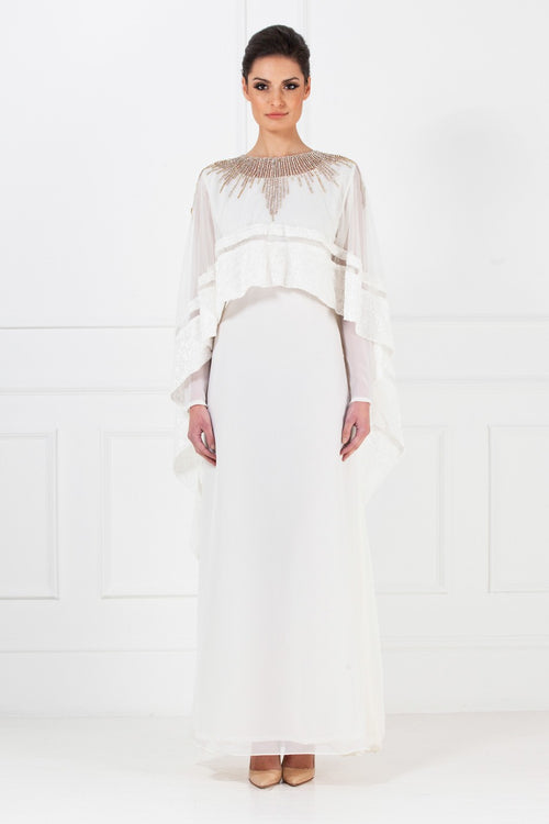White Embellished Net Cape Gown